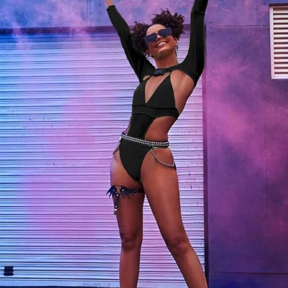 Rave Outfits for Women - Swimsuits Mesh Buckle Shrug Crop Top 2 Pcs Set - Picture 4 of 4